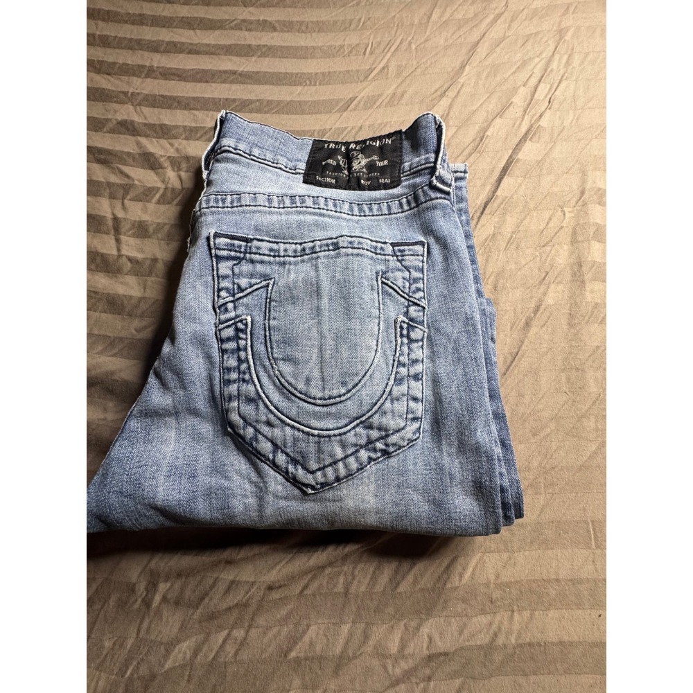 True Religion World Tour Straight Leg Light Wash Blue Denim Jeans Mens 33x32‎